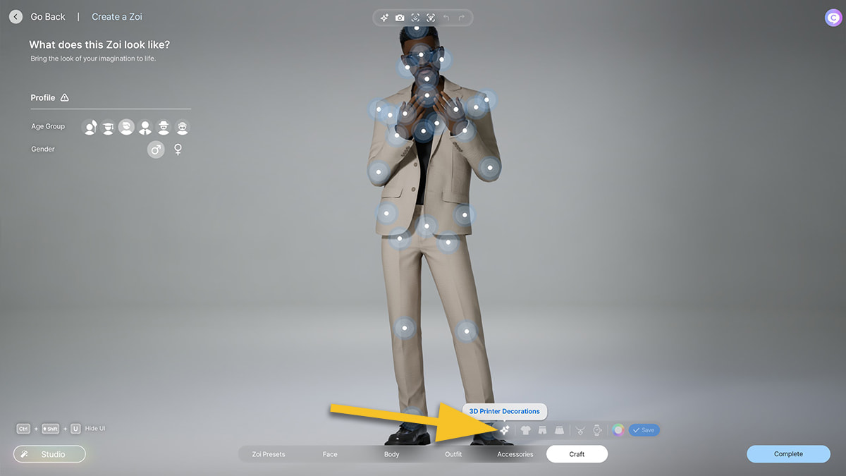 Image of the Character Builder in inZOI, with an arrow pointing at the Accessory Crafting button.