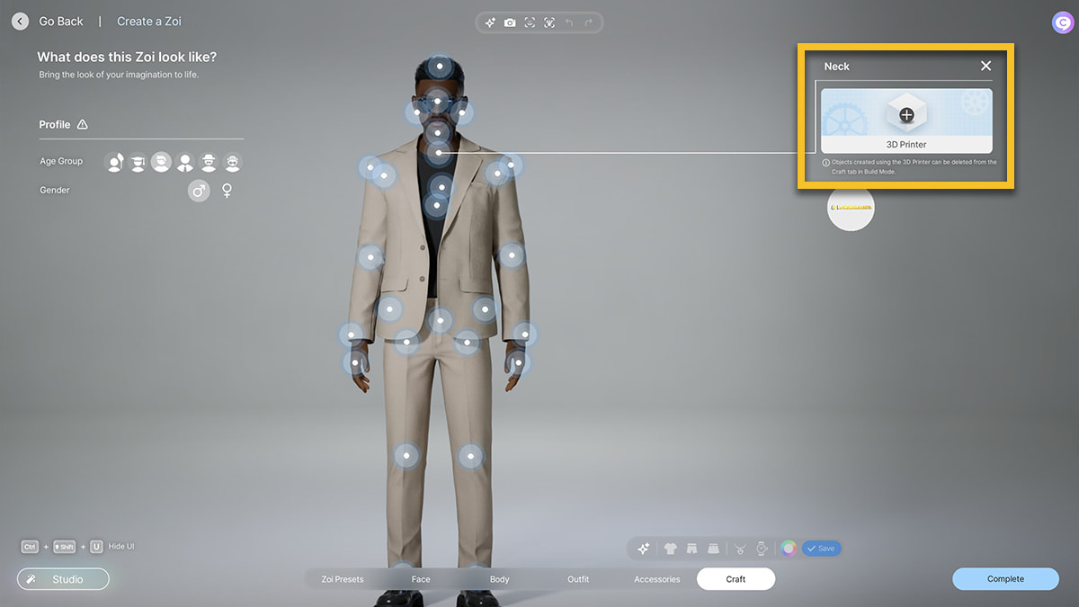 Image of the Character Builder in inZOI, with a box focusing on the 3D Printer button.