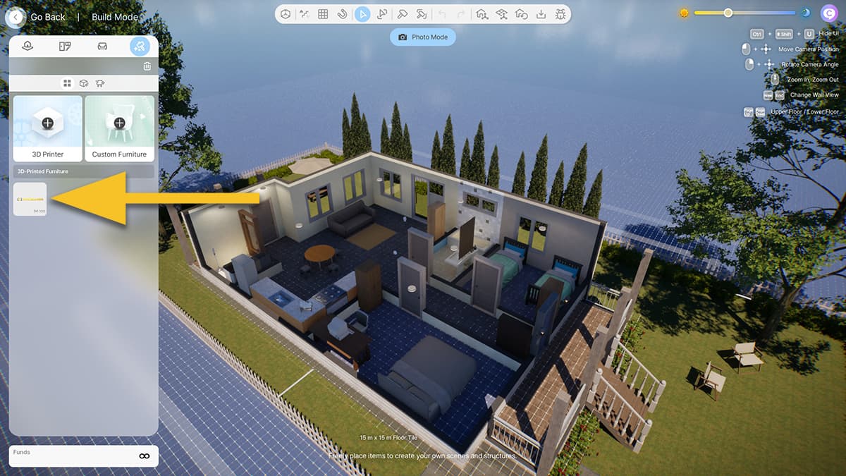 Image of the Build Mode in inZOI, with an arrow pointing at the 3D Printed object in the menu on the left side.