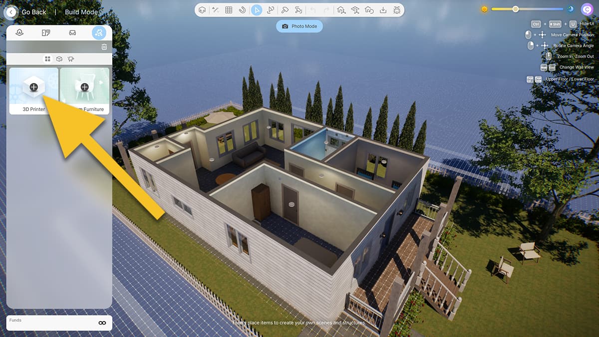 Image of the Build Mode in inZOI, with an arrow pointing at the 3D Printer option.