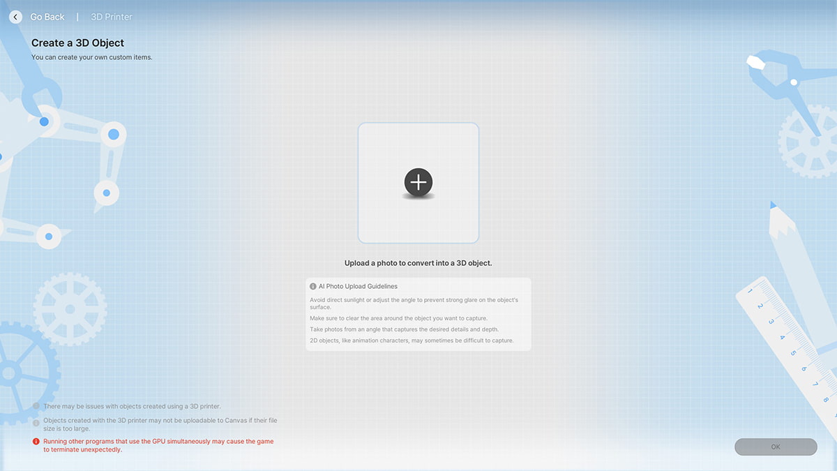 Image of the first screen of the 3D Printing menu in inZOI, where image upload button is located.