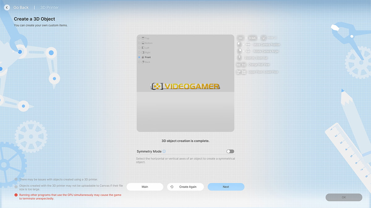 Image of the window showing the first draft of the 3D printed object in inZOI.