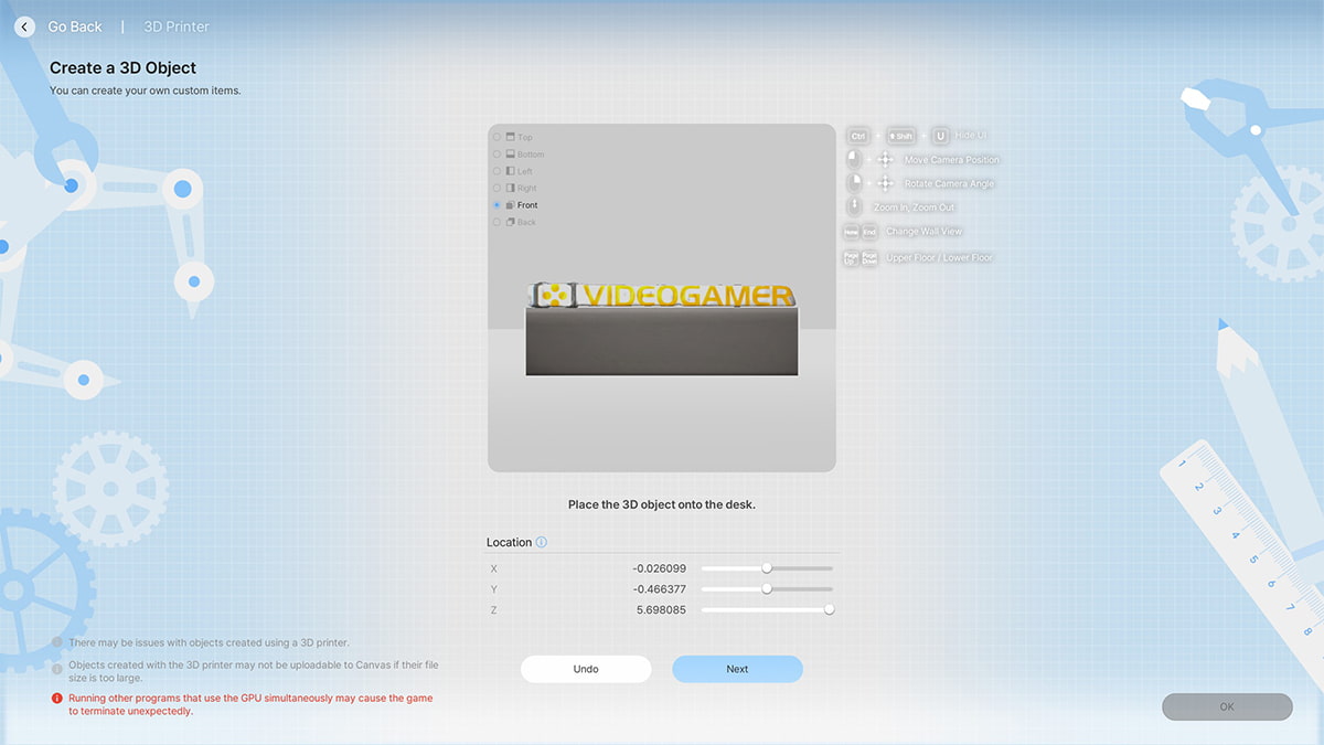 Image of the placement options in the 3D printing window in inZOI.