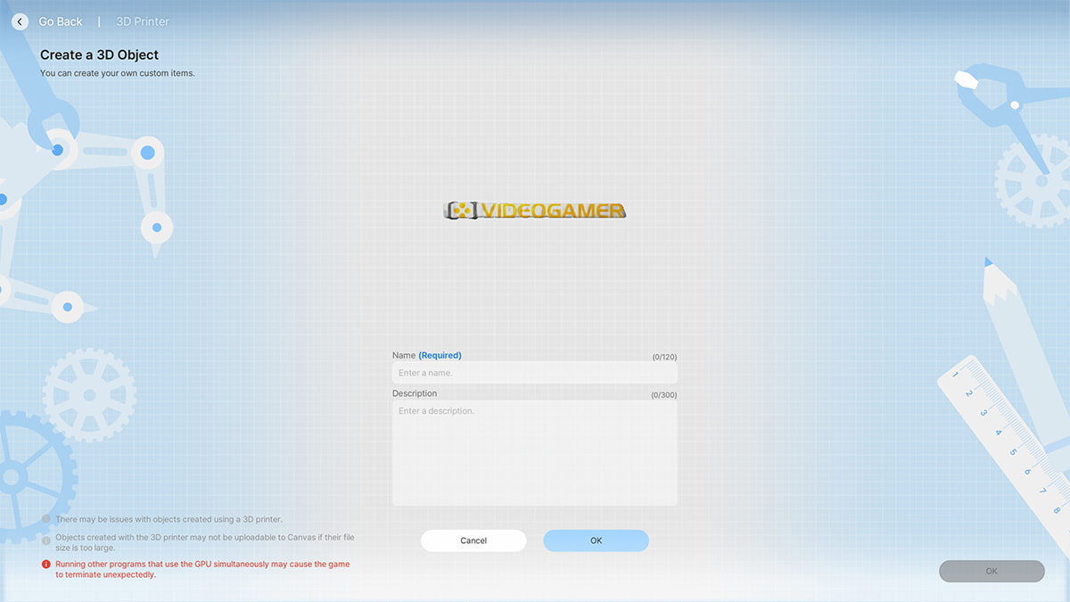 Image of the final 3D printing screen, where the players name their item in inZOI.