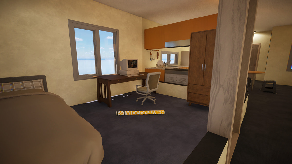 Image of an apartment in inZOI with a 3D Print of the VideoGamer logo.