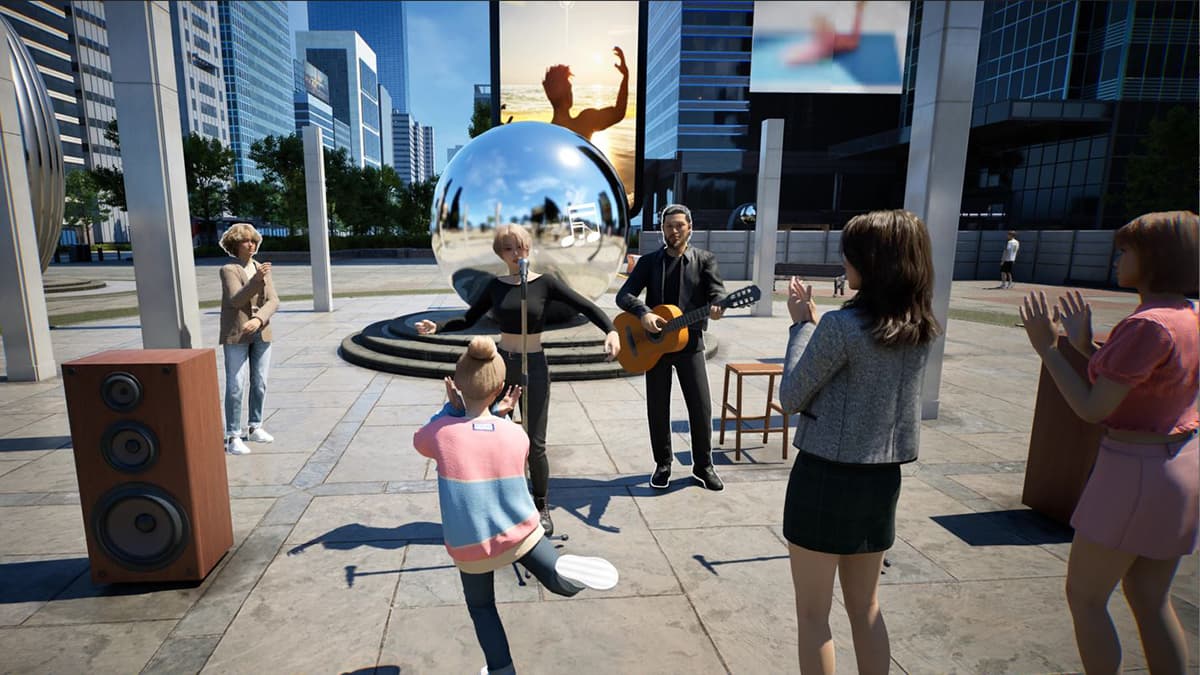 Image of Zois playing music and dancing on the city streets in the game inZOI.