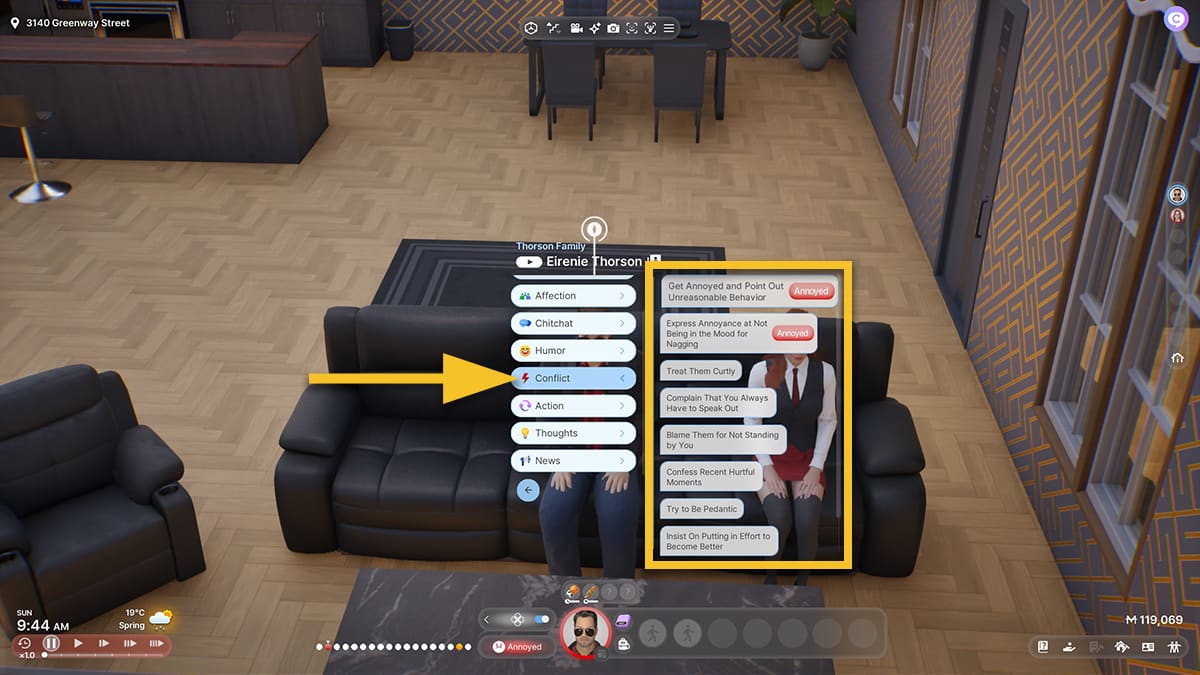 Image of two Zois on a couch in inZOI, with one selecting the Conflict dialogue options.