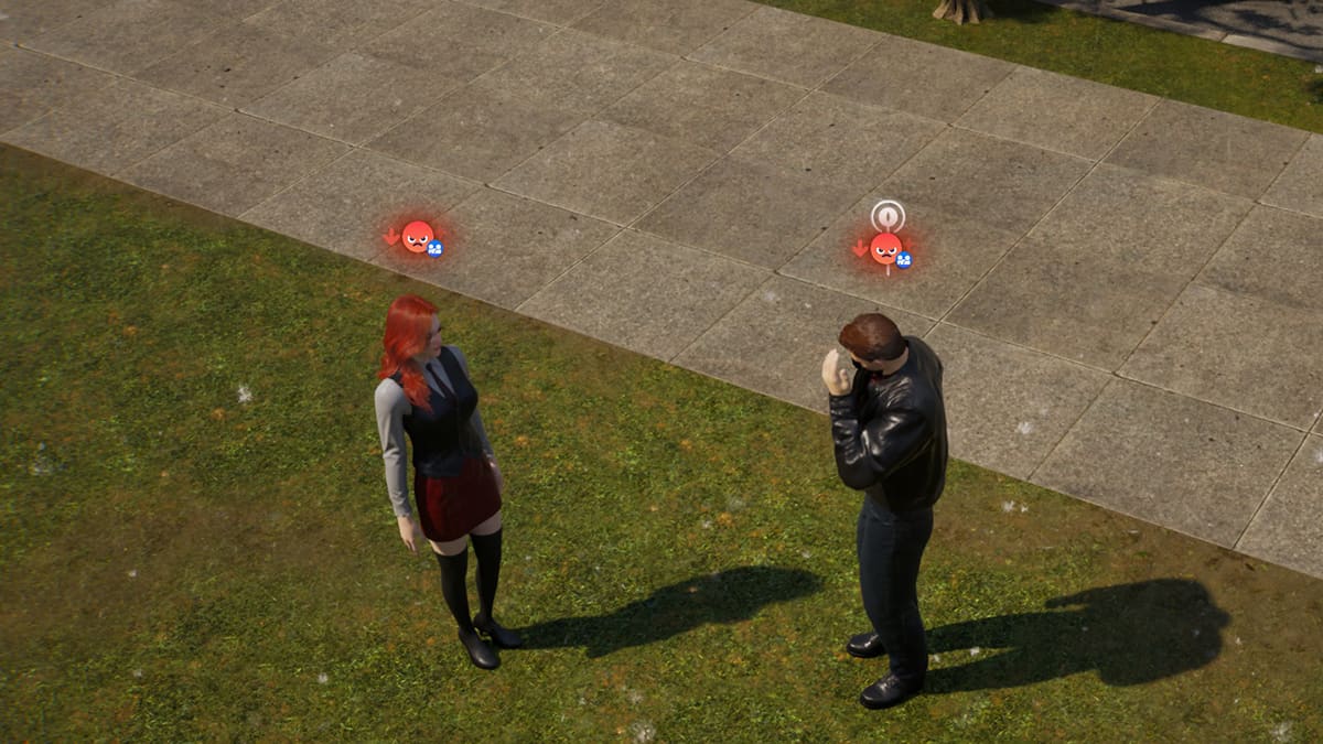 Image of two Zois on a lawn in inZOI, with both having negative interaction moodlets.