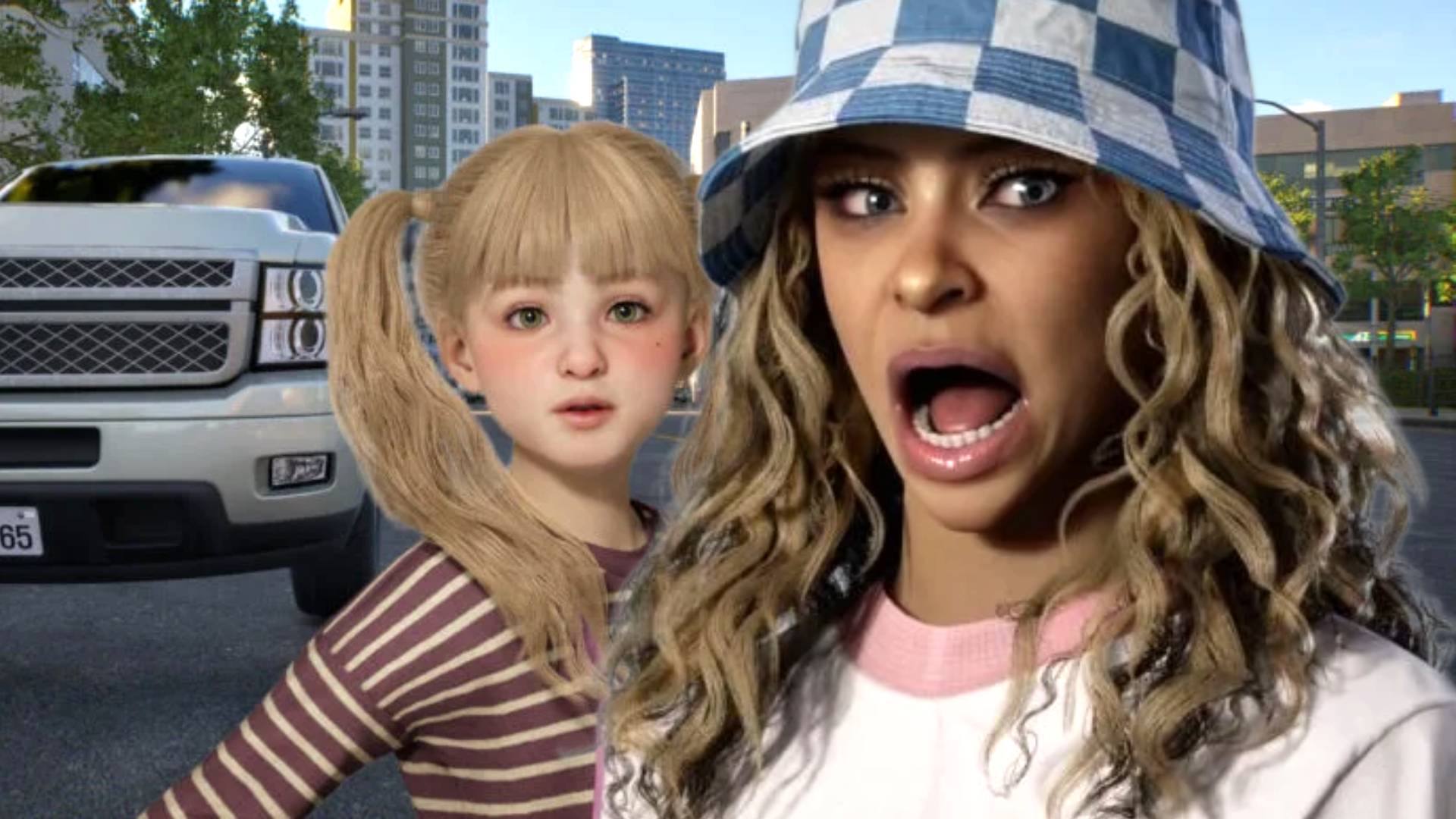 InZOI kid standing next to a car next to a screaming woman