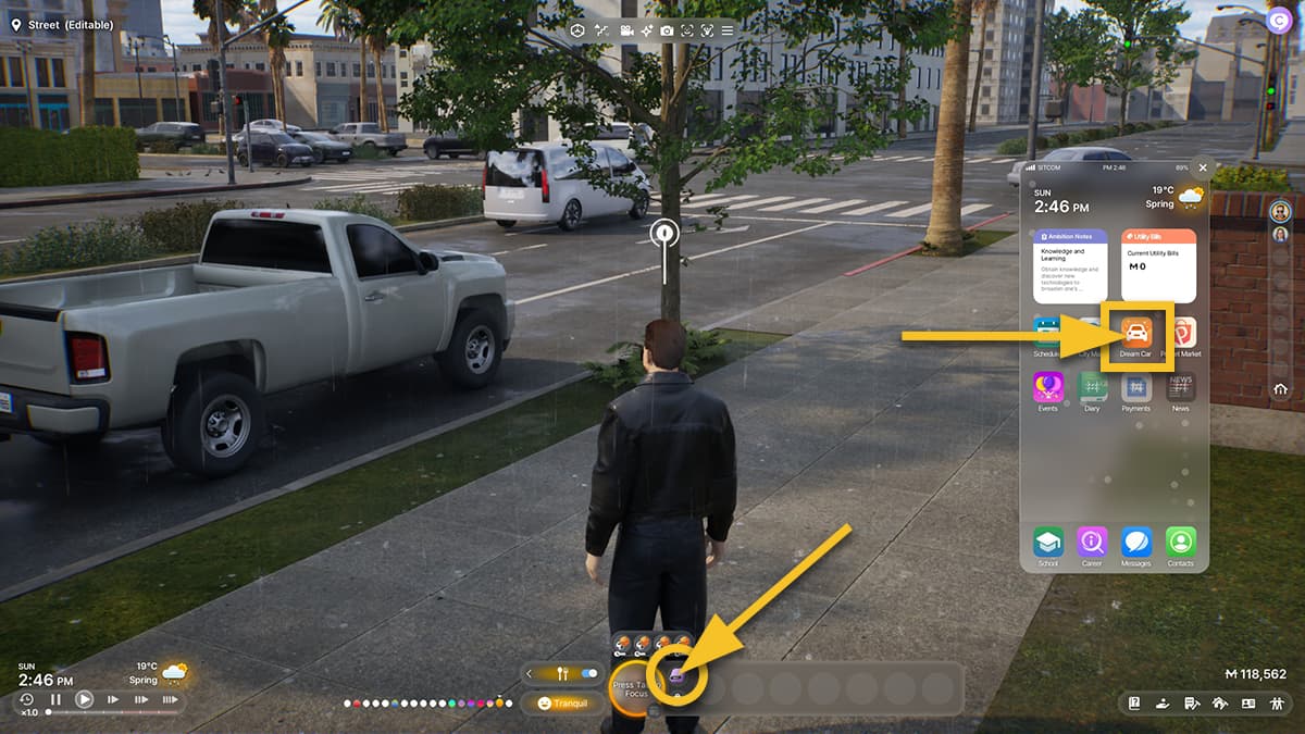 Image of a Zoi standing on a city street in inZOI, with arrow pointing towards the Smartphone icon and another at the Dream Car app in a window on the right side.