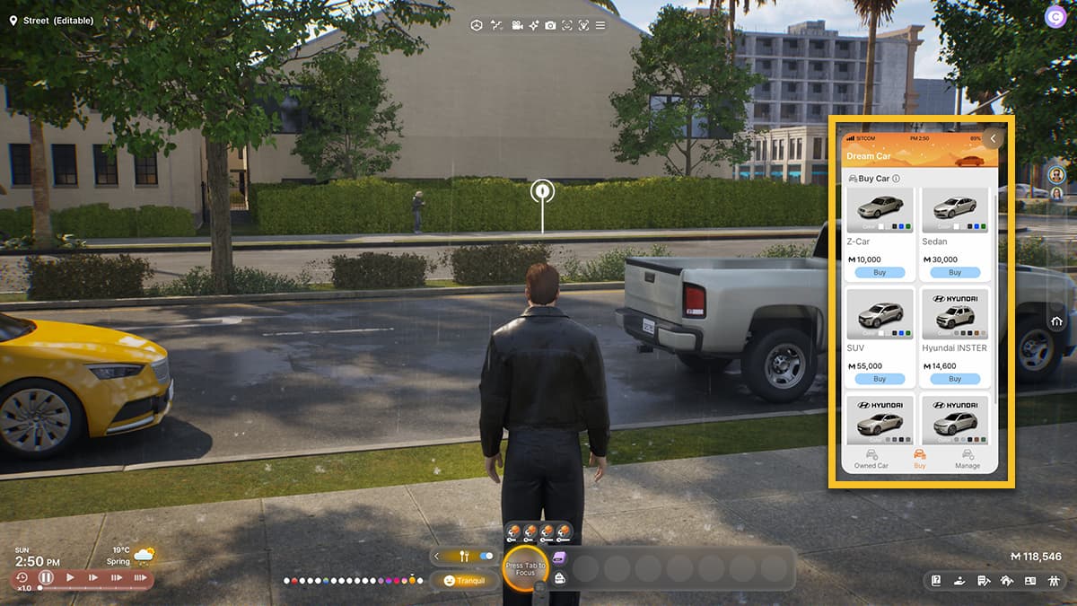 Image of a Zoi standing on a city street in inZOI, with a box around the list of cars you can buy on the right side of the screen.