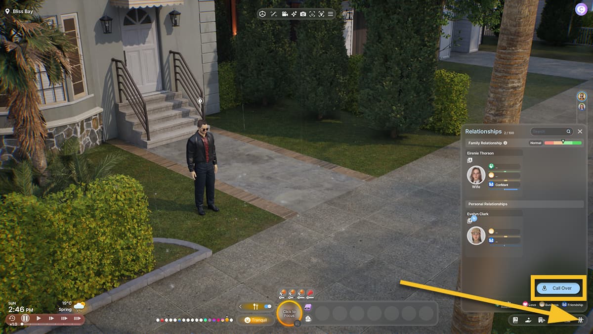 Image of a Zoi standing in front of a house in inZOI. An arrow is pointing on the Relationships icon, and the Call Over interaction is highlighted.