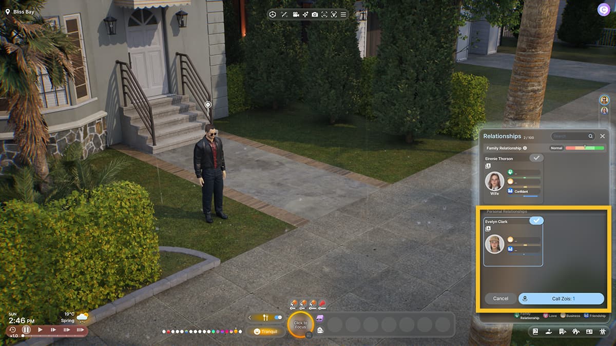 Image of a Zoi standing in front of a house in inZOI. The Relationships menu is highlighted, along with the Call Zois interaction.