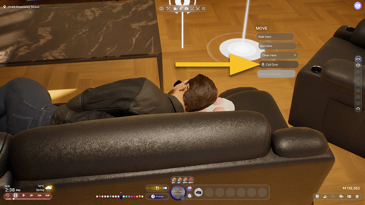 Image of a Zoi taking a nap on the couch in inZOI, with a loaction clicked and an arrow pointing to the Call Over interaction.