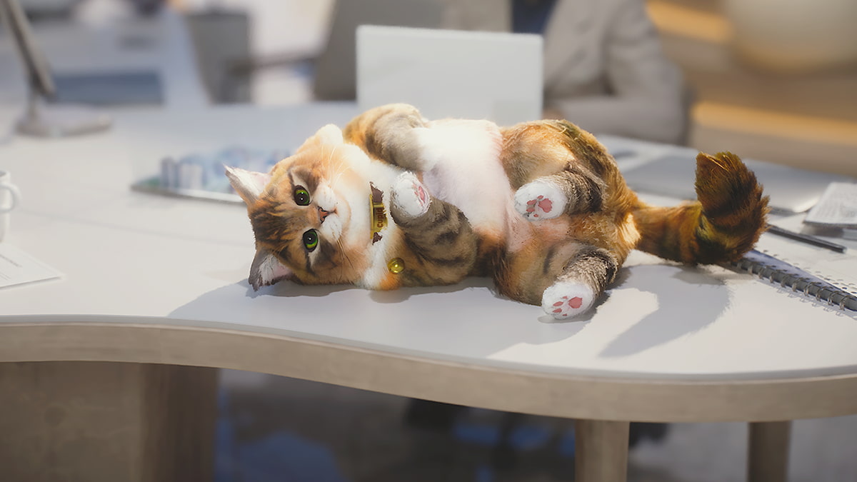 Image of a cat laying on its side on a desk in the game inZOI.