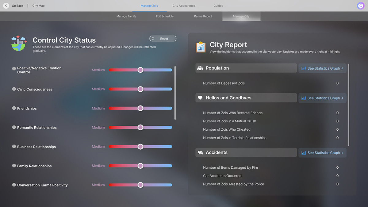 inZOI city karma: Edit City menu.