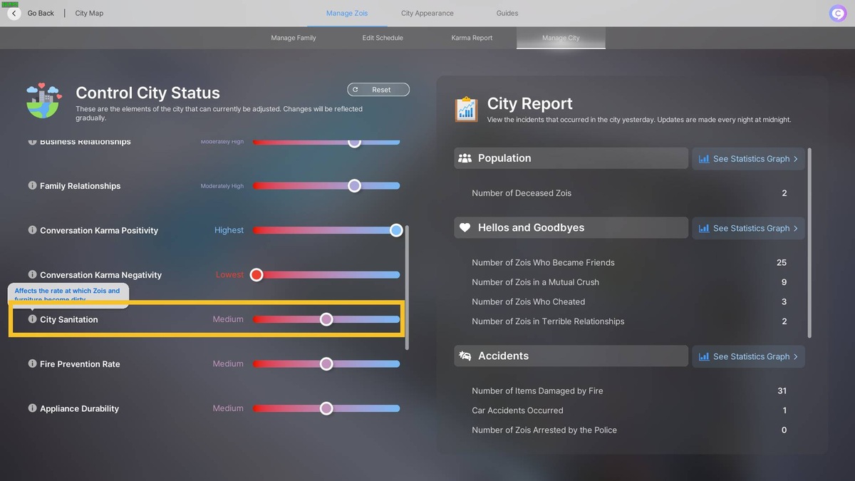 inZOI clean house: city management settings.