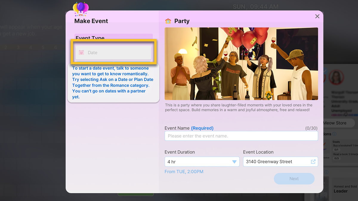 Image of the Schedule app in inZOI, with options for a Date marked with a box.