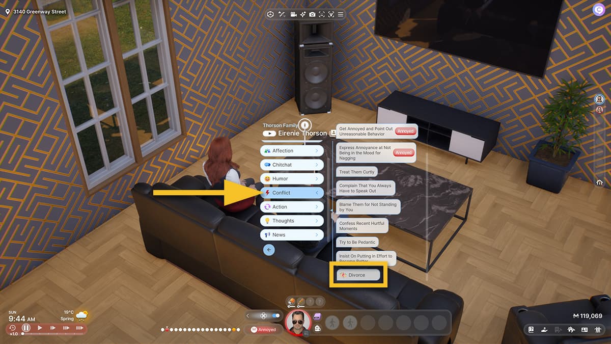 Image of two Zois on a couch in inZOI, with one choosing the Divorce dialogue option.