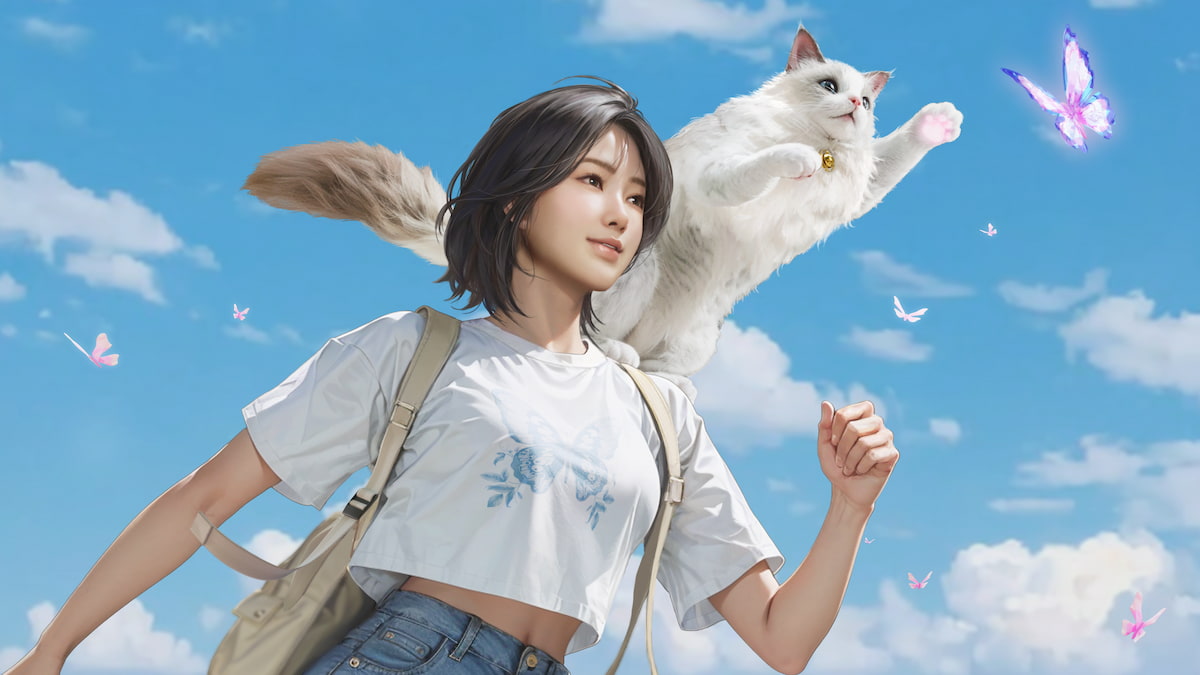 Image of a girl and a cat running together from the game inZOI.