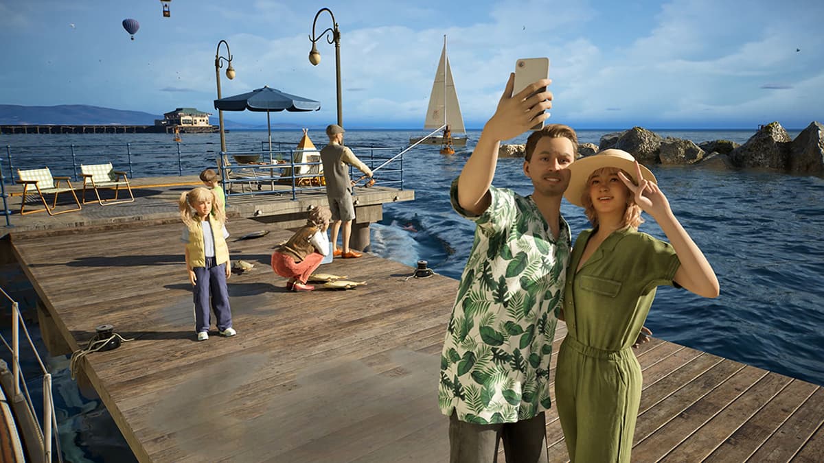Image of Zois taking a selfie at a pier facing the ocean in the game inZOI.