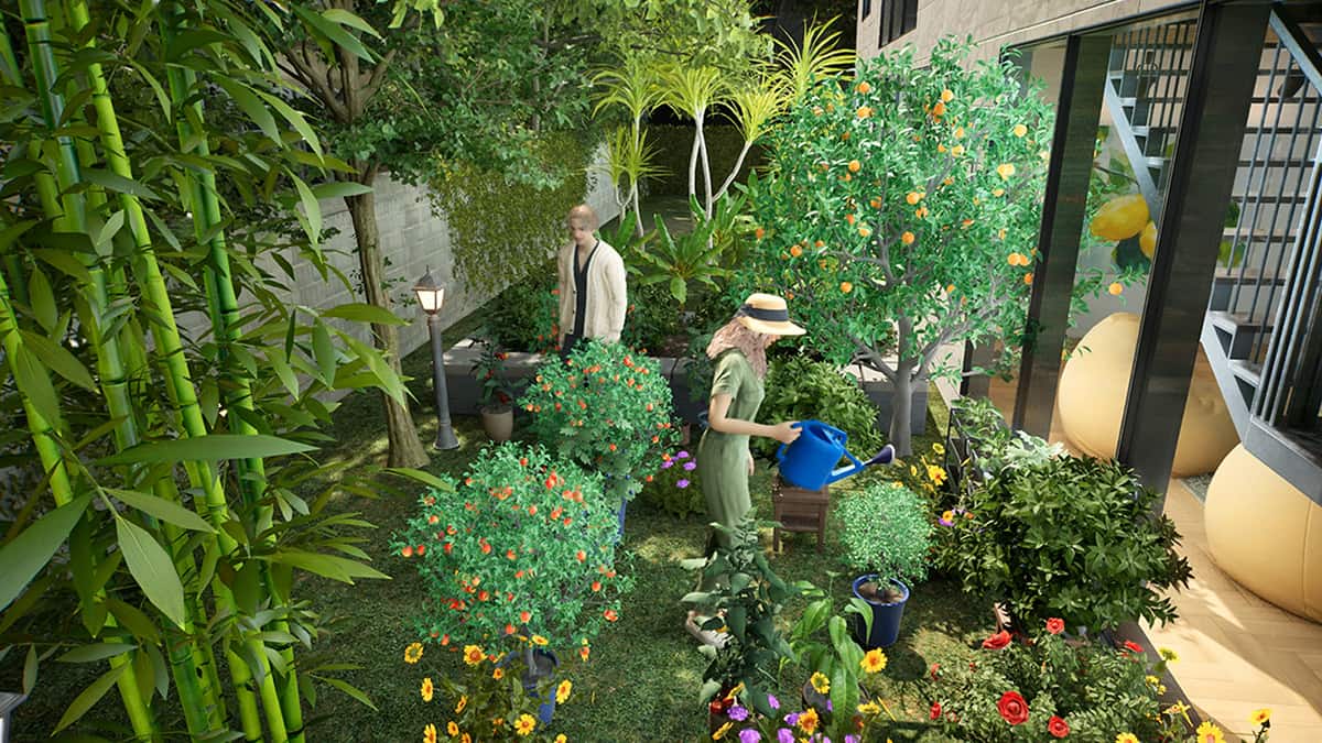Image of two Zois watering plants in their garden in inZOI.