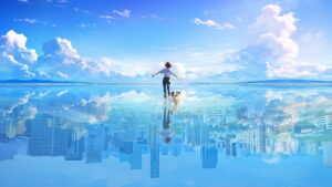 IMage of the promo characters for inZOI running on water reflecting a city.