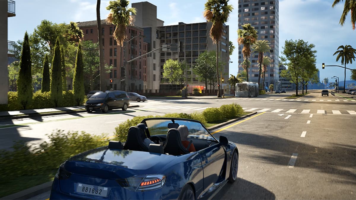 Image of a group driving a car down the city streets in inZOI.