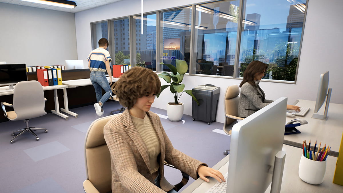Image of a character working at a desk job on a computer in inZOI.