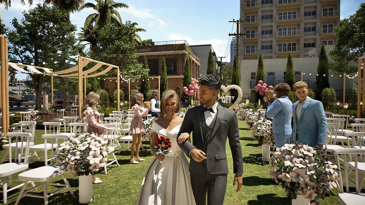 Image of a pair of Zois walking down a lane during a wedding ceremony and getting married in inZOI.