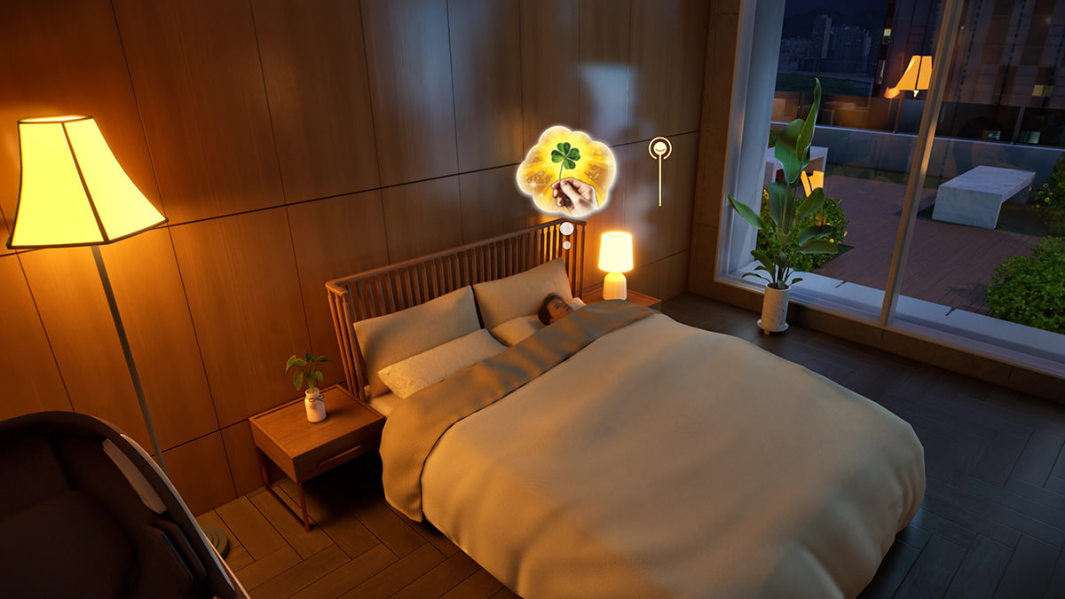 Image of a Zoi asleep in their bed in a lighted room, with a clover dream bubble above in inZOI on Steam Deck.