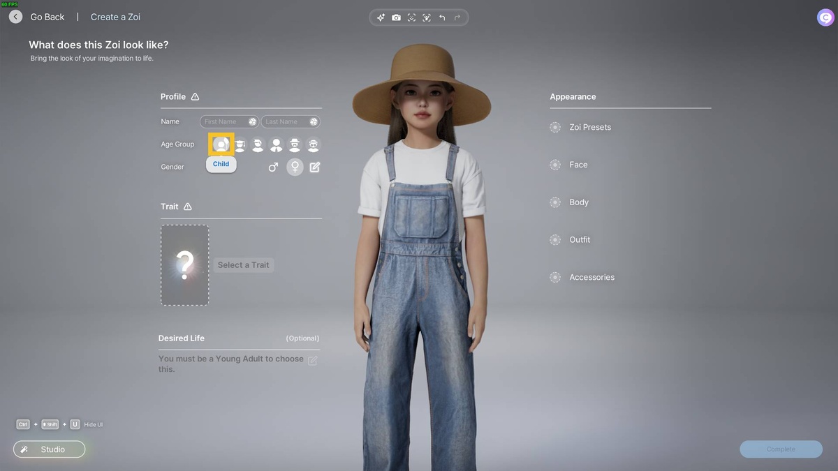 inZOI life stages: character creator.