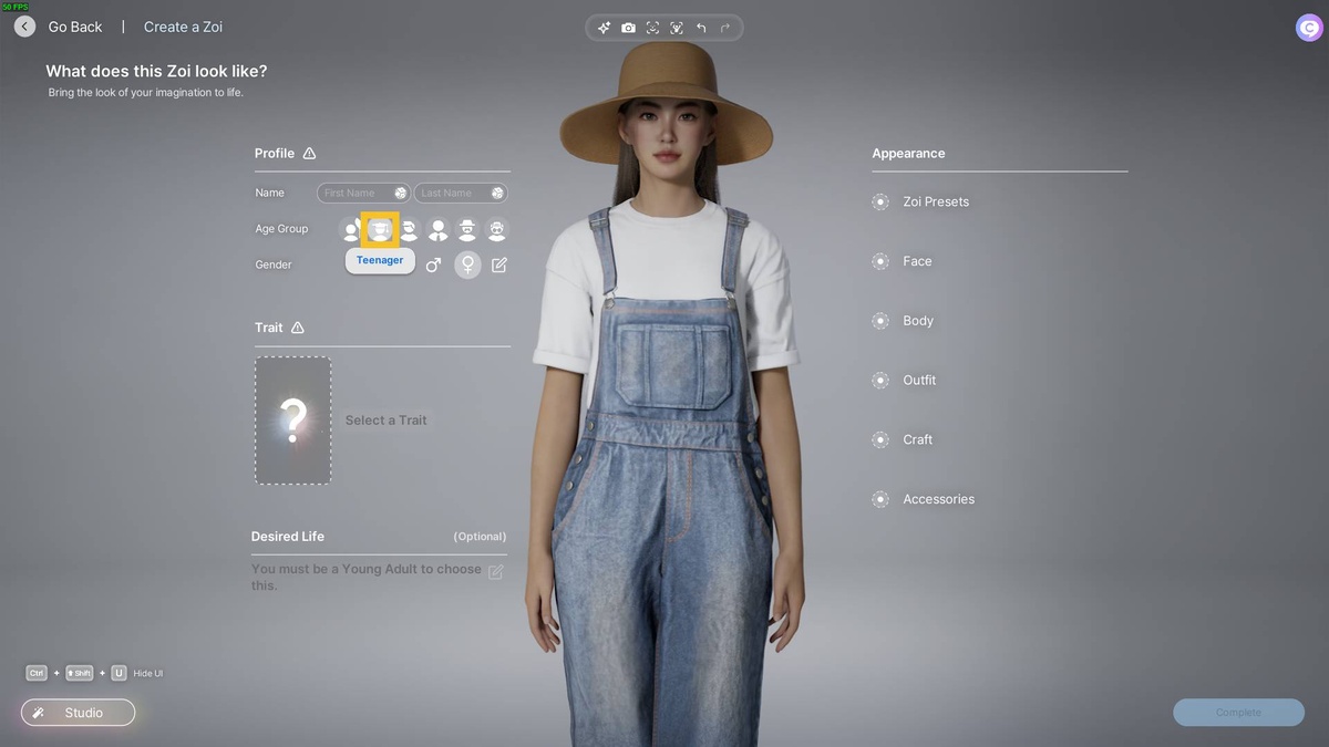 inZOI life stages: character creator.