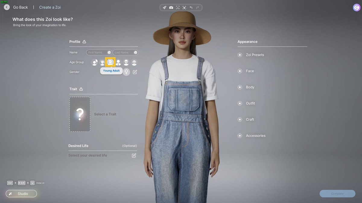 inZOI life stages: character creator.