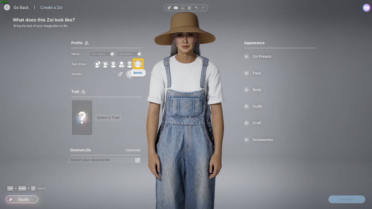 inZOI life stages: character creator.