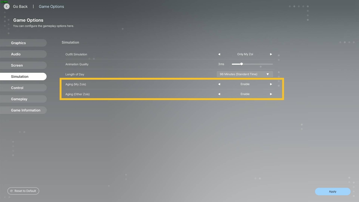 inZOI life stages: simulation settings menu.