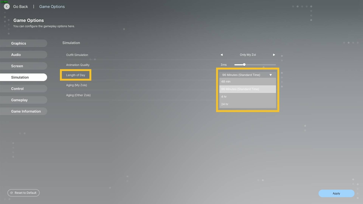inZOI life stages: simulation settings menu.