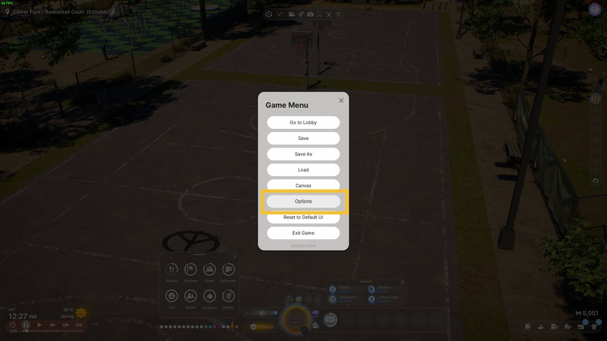 inZOI manually drive: pause menu options.