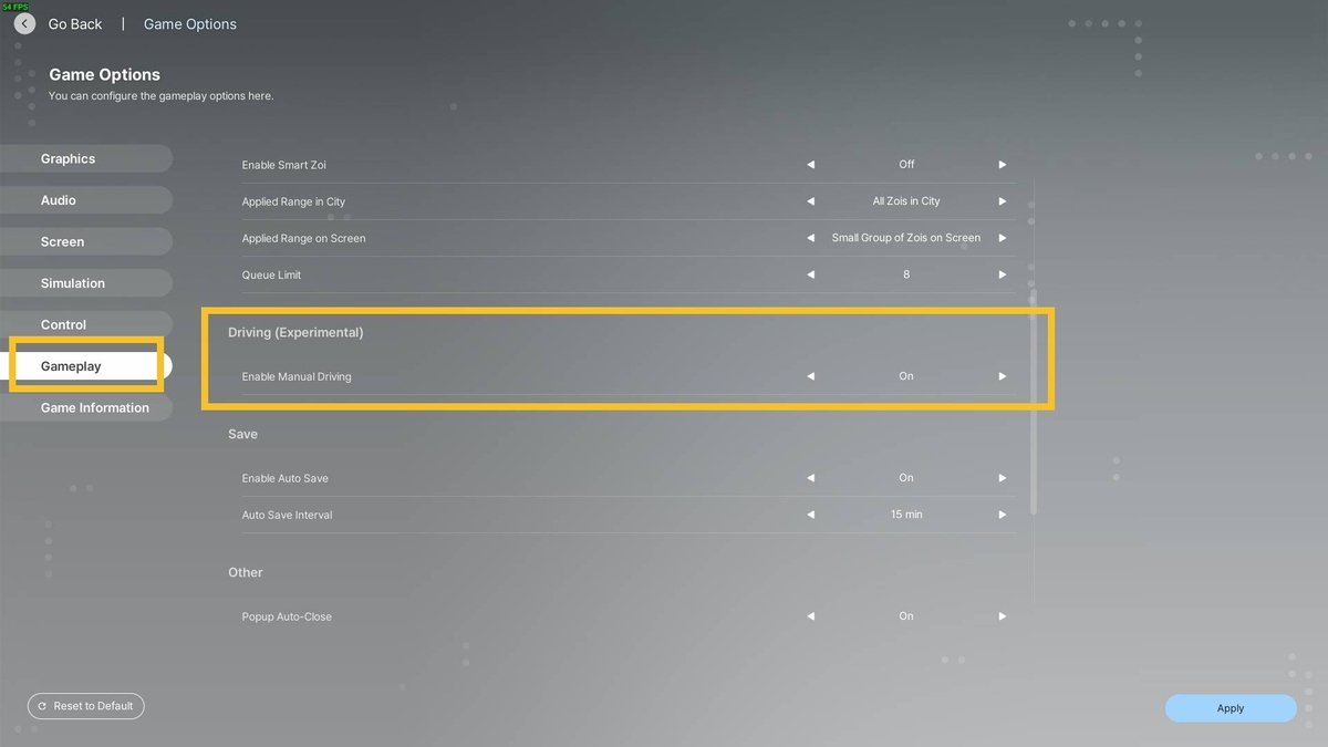 inZOI manually drive: pause menu options.