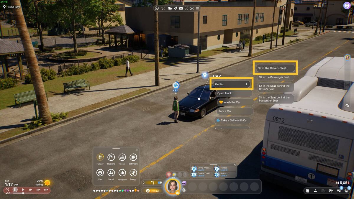 inZOI manually drive: drive car sub-menu.