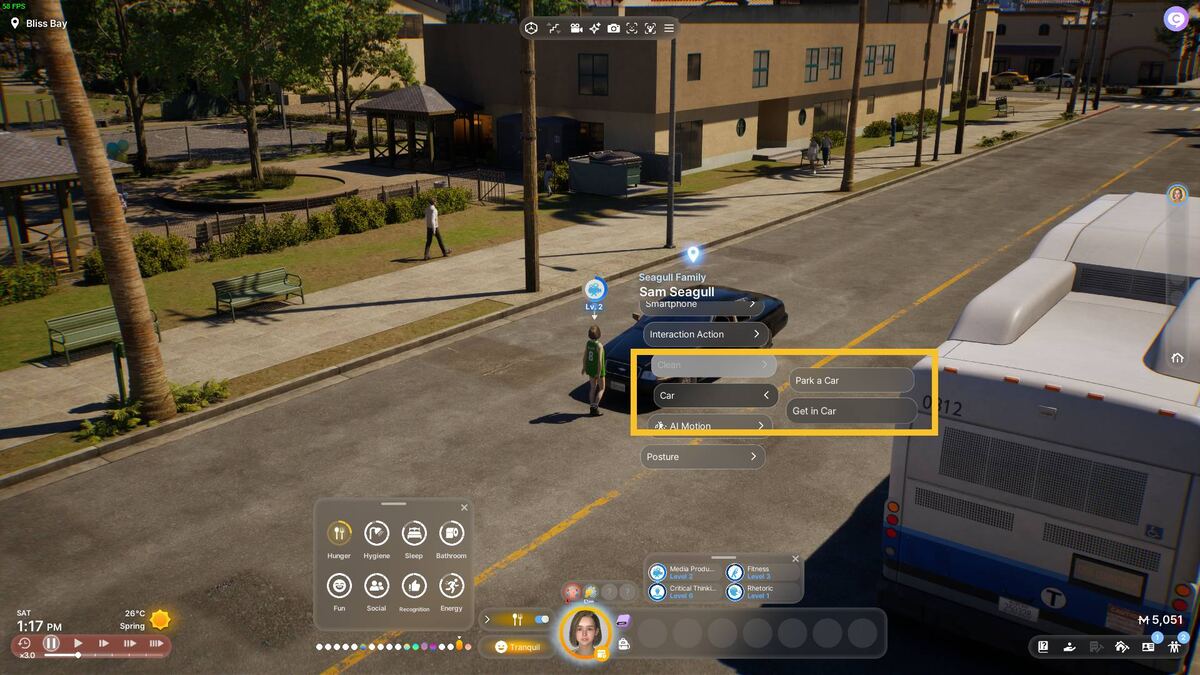inZOI manually drive: drive car sub-menu.