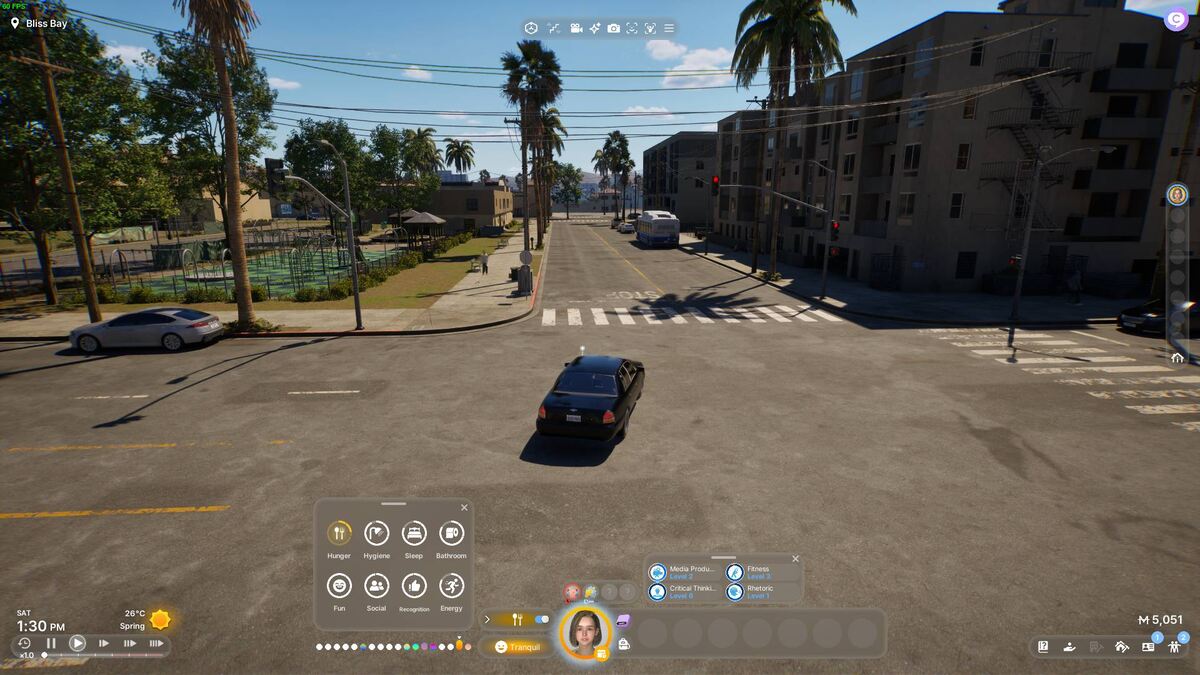 inZOI manually drive: car driving through a city.