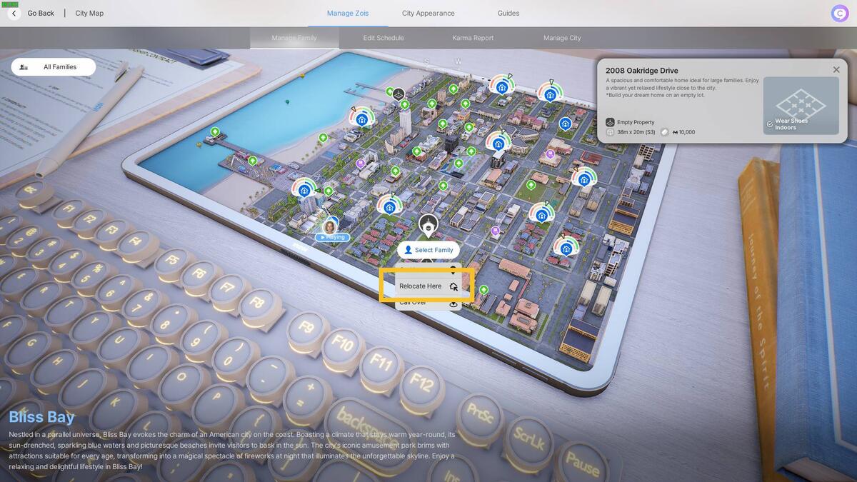 inZOI how to move house: city map.