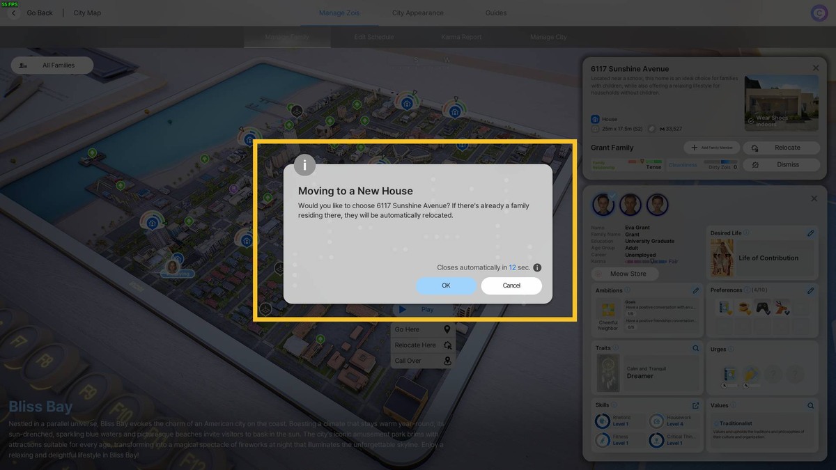 inZOI how to move house: family relocate confirmation window.