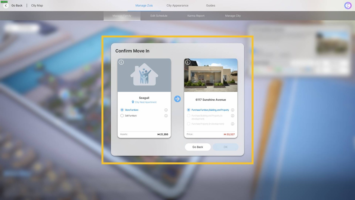 inZOI how to move house: moving home confirmation screen.