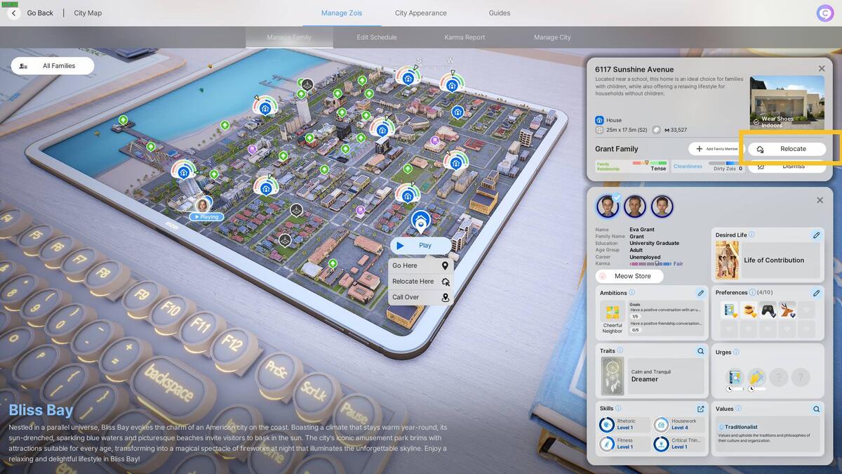 inZOI how to move house: family city map.