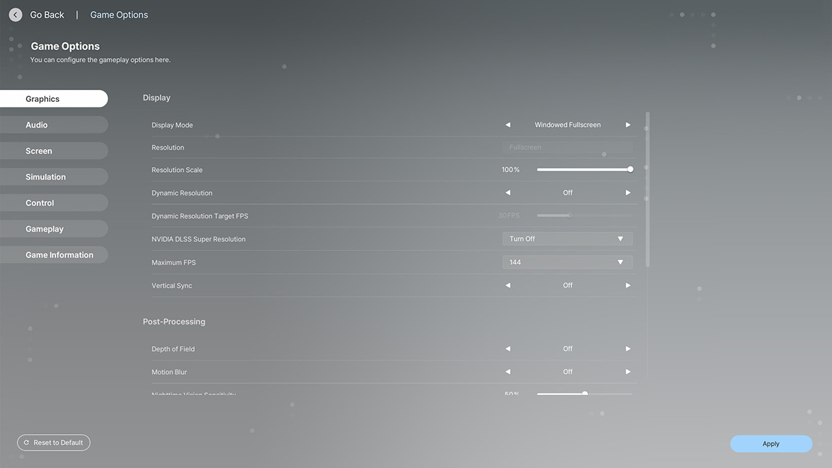 Image of the graphics options in inZOI, including Display and Post-processing settings.