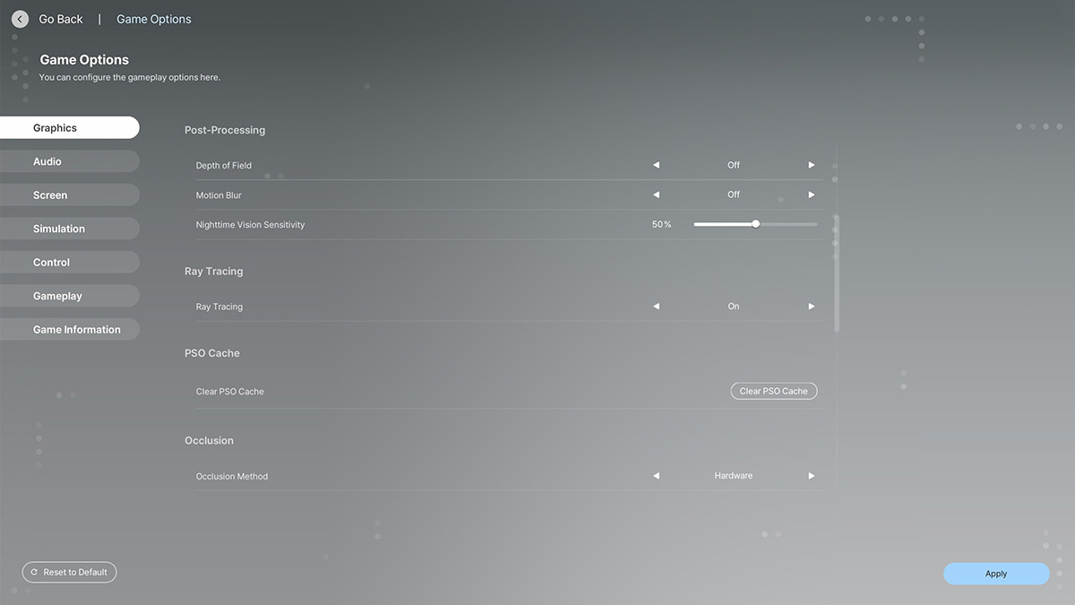 Image of the graphics options in inZOI, including Post-processing, Ray Tracing, PSO Cache, and Occlusion settings.