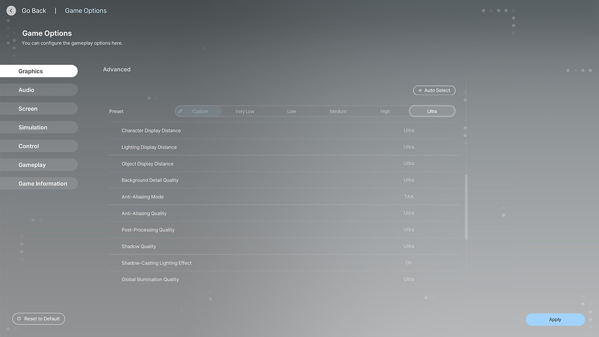 Image of the graphics options in inZOI, including Advanced settings and Presets.
