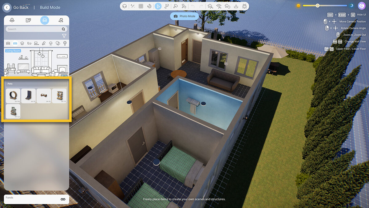 inzoi pets: animal furniture in build mode.